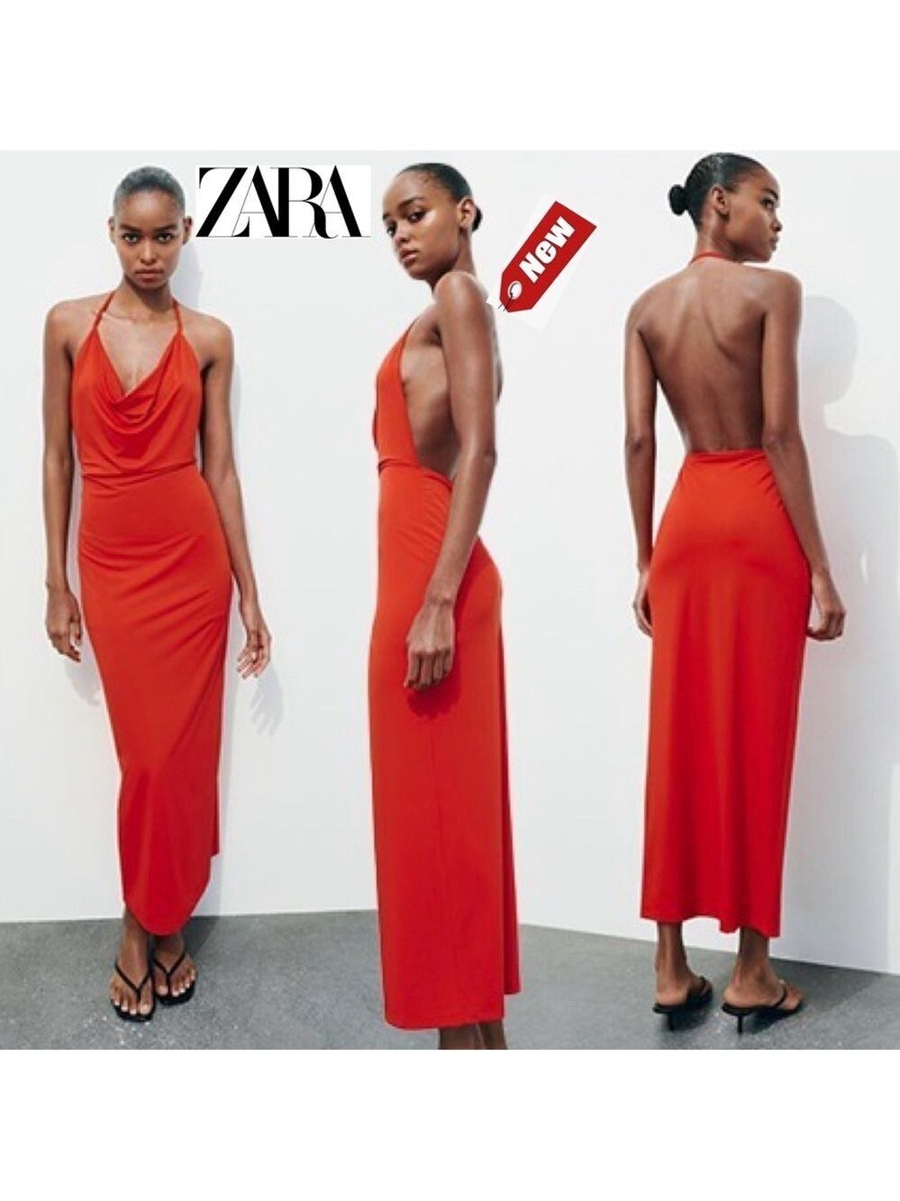 Zara light red open back cowl neck halter top midi maxi dress Sz M NWT stretchy